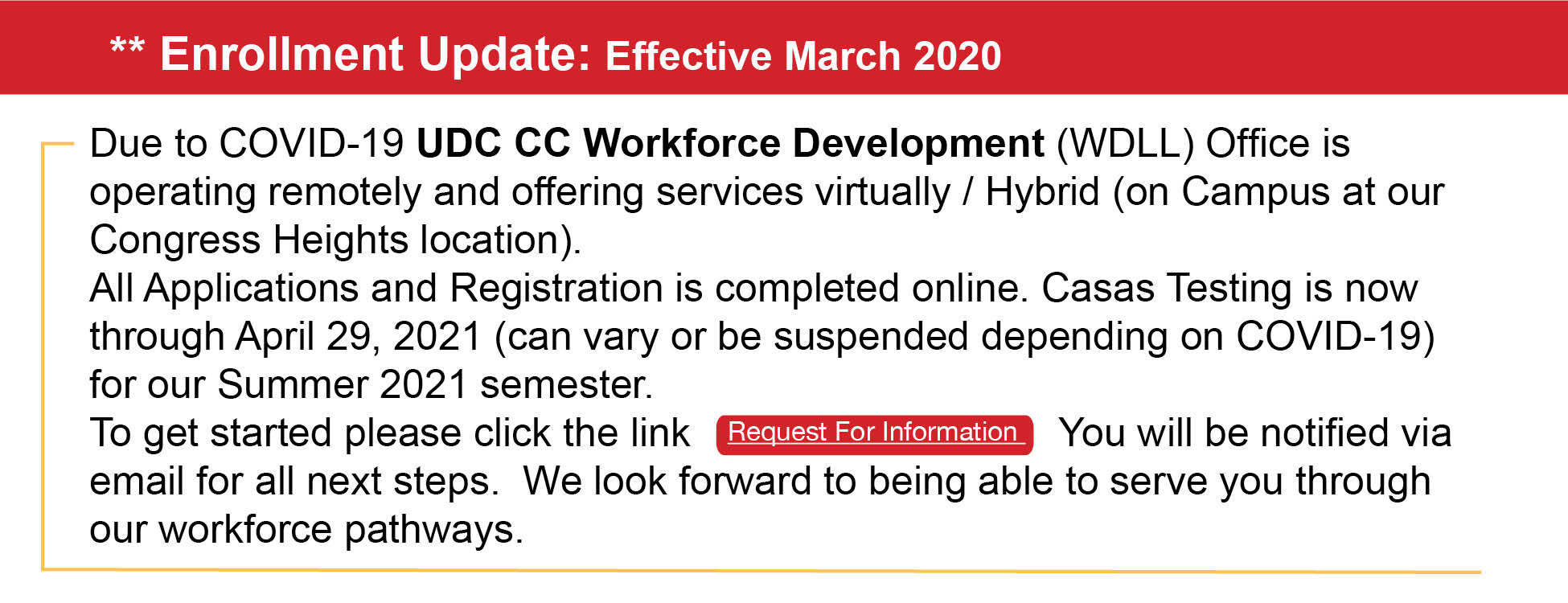 Workforce Development Schedule of Classes University of the District