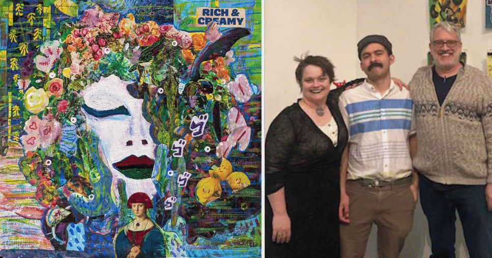 John Fluentes with Prof. Daniel Venne (right) and exhibit installer RoseEmma Millar and his art piece, Rich and Creamy.