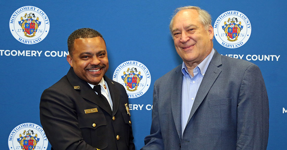 Corey Smedley (left) was sworn in as Montgomery County fire chief July 15, 2024.