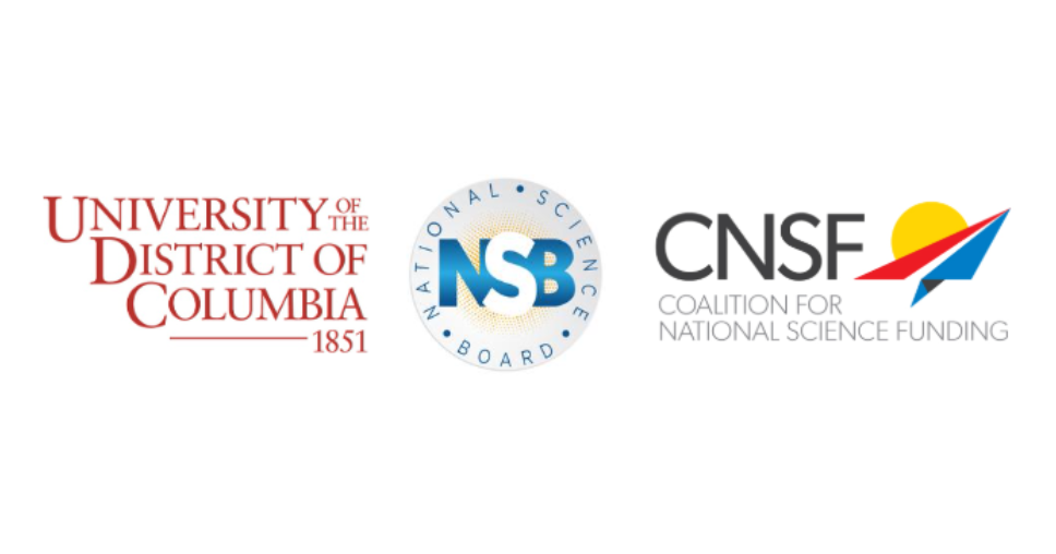 The University of the District of Columbia (UDC), the Coalition for National Science Funding (CNSF) and the National Science Board (NSB) Logos.