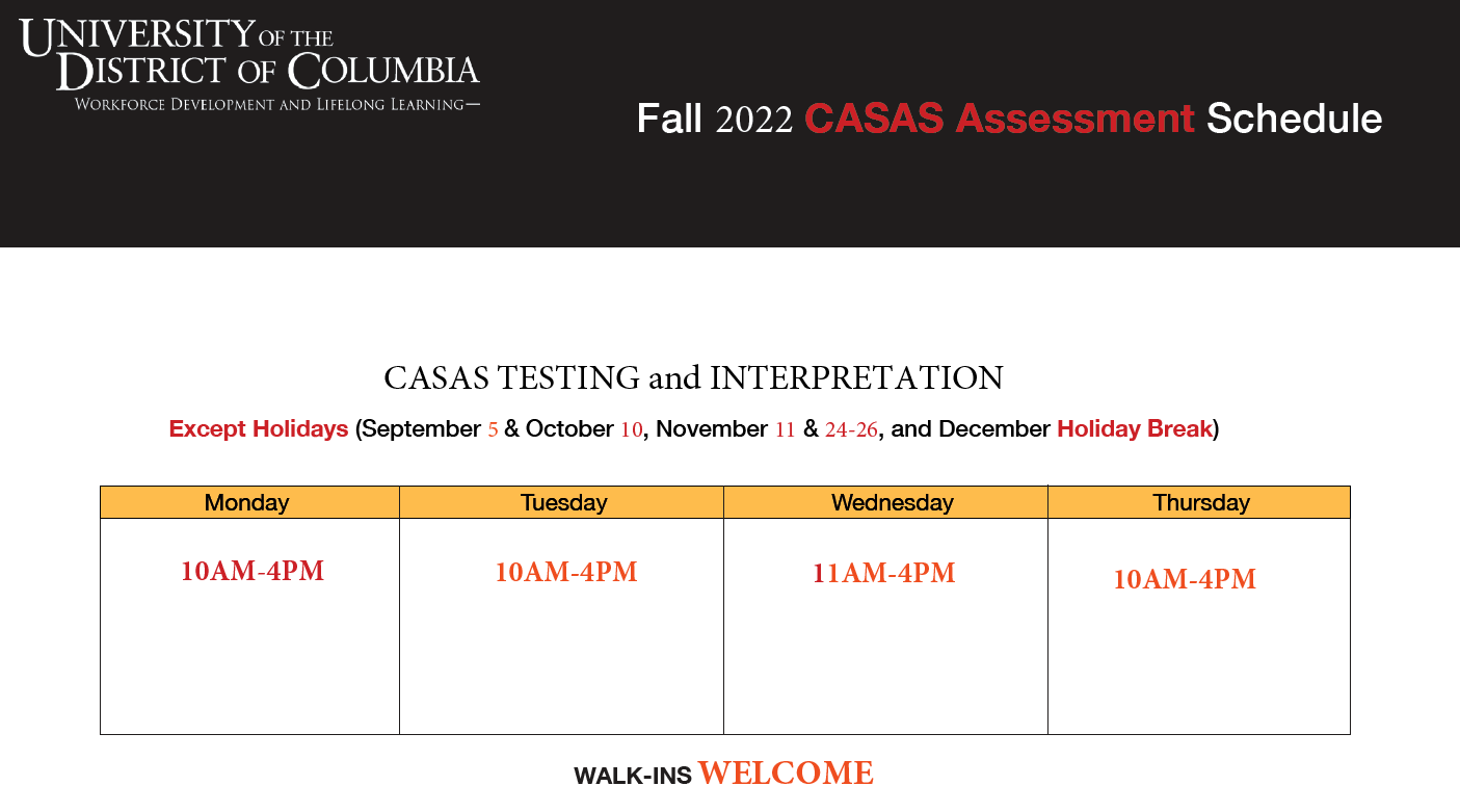 CASAS Assessment Schedule | University of the District of Columbia